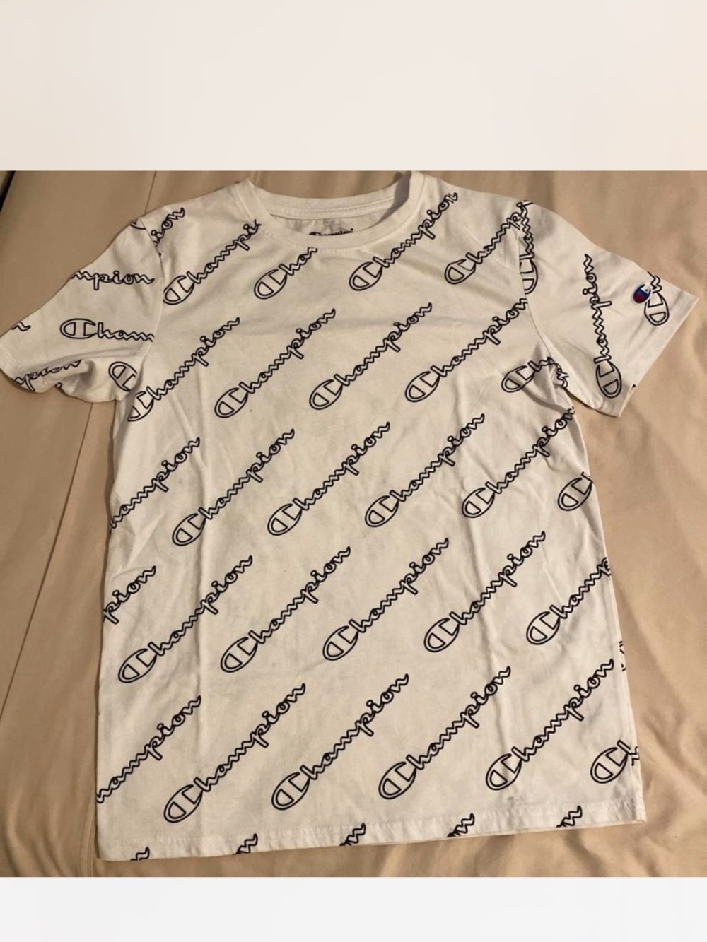 Champion White Short Sleeve Tee with Black Allover Logo Sz XL